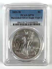 PCGS Graded 2021-W US $1 Burnished Silver Eagle - Type 2 1oz Fine Silver Coin SP70