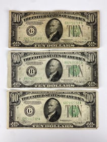 Group of 3 1934 US $10 Federal Reserve Notes