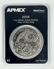 APMEX 2018 Great Britain 1 Oz .999 Fine Silver Year of the Dog £2 Coin