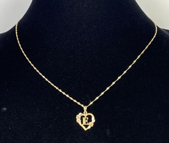 14K Beverly Hills Gold Twisted Chain Necklace with 14K Monogramed E Heart Pemdant