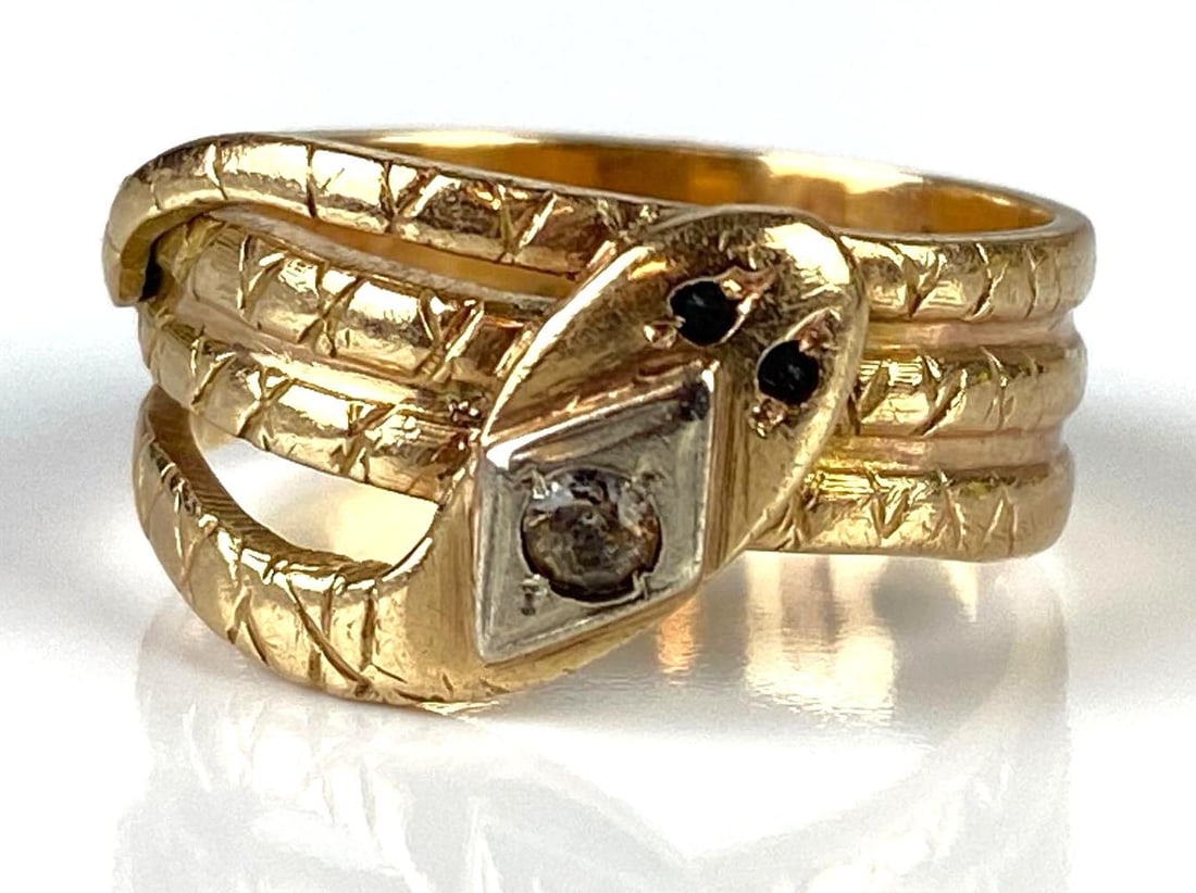 10K Gold White Topaz and Onyx Coiled Snake Ring (1 of 6)
