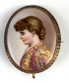 Antique Painted Porcelain Portrait Brooch with Brass Bevel