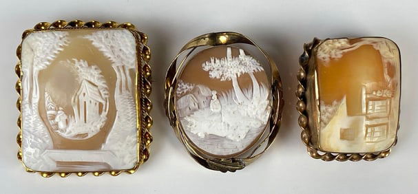 Group of 3 Large Landscape Cameo Brooches