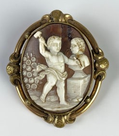 Antique Brass Bezeled Cherub Sculptor Cameo Brooch