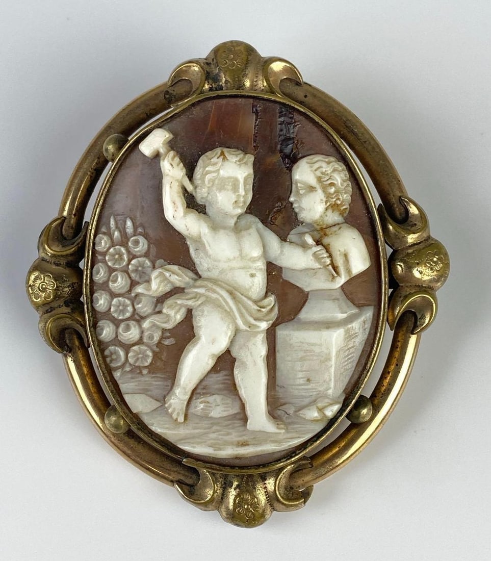 Antique Brass Bezeled Cherub Sculptor Cameo Brooch (1 of 3)