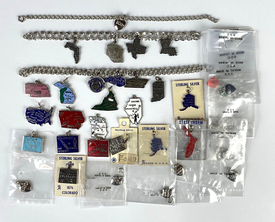 Group Charm Bracelets and Charms: Includes some sterling silver, Includes states, and fraternity/sorority charms, Longest bracelet measures 7 inches long.