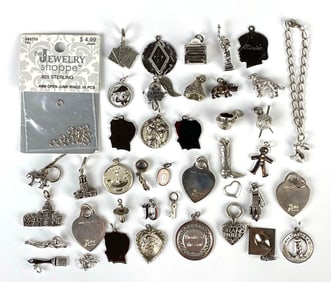 Group of Sterling Silver Charm Bracelet Charms and More