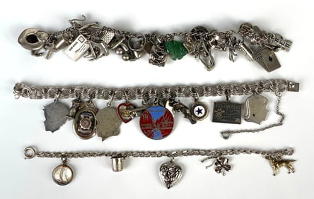 Group of 3 Sterling Silver Charm Bracelets with Charms