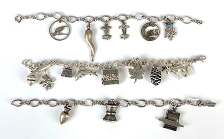 Group of 3 Sterling Silver Charm Bracelets with Charms