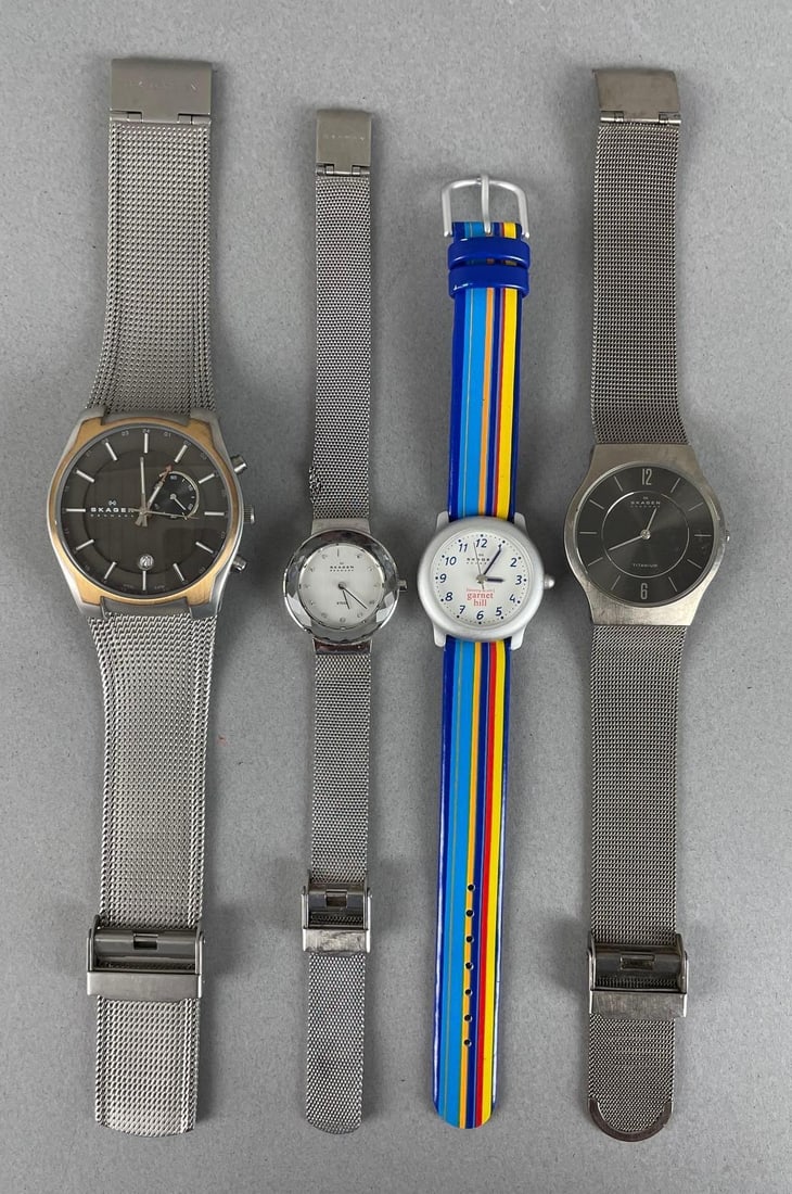 Group of Skagen Denmark Wristwatches: Men's and women's, largest measures 9 1/4 inches