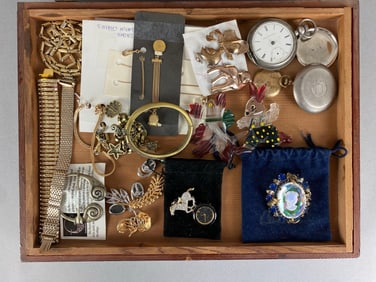 Wood Case with Assorted Costume Jewlery and More
