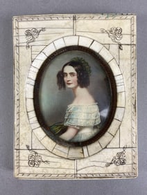 Antique Scrimshaw Frame Hand Painted Portrait Princess Alexandra Amalie of Bavaria