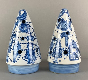 Group of 2 M A Hadley Signed Christmas Tree Pottery Luminary