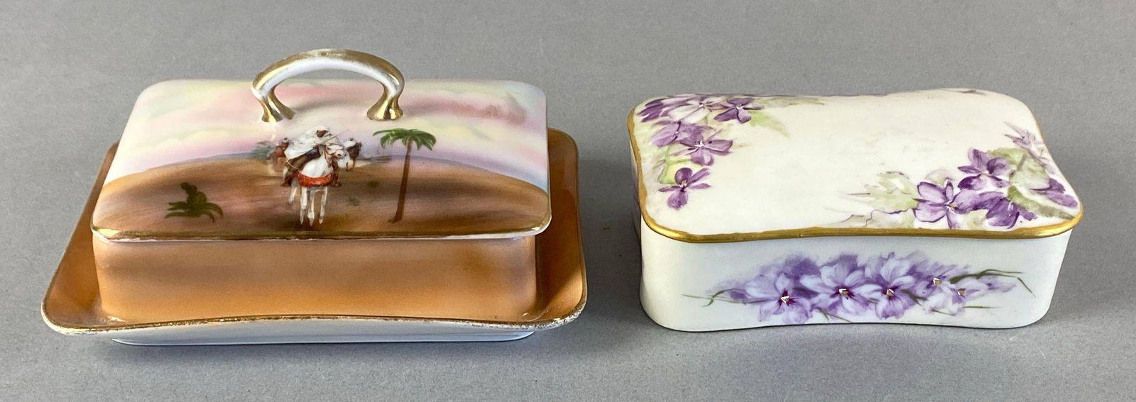 Group of 2 Porcelain Sardine Boxes: Largest measures 2 3/4 x 6 x 5 inches