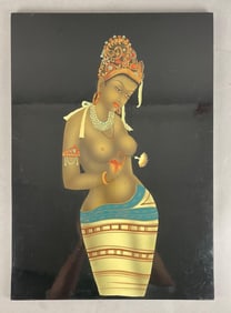 Vintage Indian Black Lacquer Topless Woman with Flower  on Board