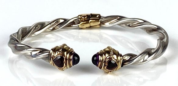 14K Gold and Sterling Silver Twisted Bangle Bracelet
