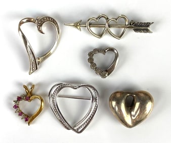Group of 6 Sterling Silver Heart Pendants and Brooches