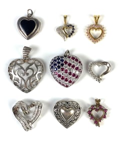Group of 9 Sterling Silver Heart Necklace Pendants and Pins