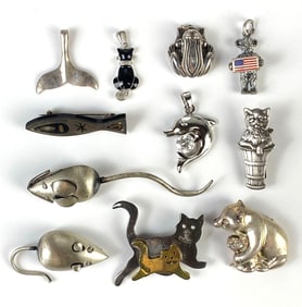 Group of 11 Sterling Silver Animal Brooches and Pendants