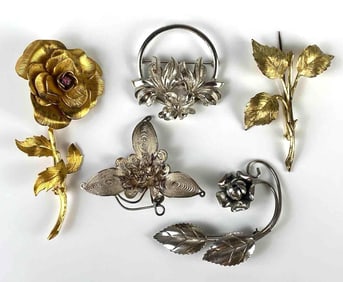 Group of 5 Sterling Silver Floral Brooches