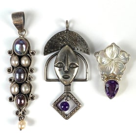 Group of 3 Sterling Silver Necklace Pendants and Brooch