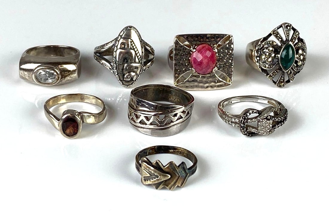 Group of 8 Sterling Silver Rings: Includes Marcasite, CZ, and more, Sizes range from 5 1/2 - 7.