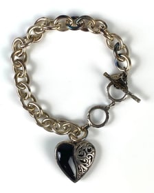 Sterling Silver Bali Link Bracelet With Onyx and Filagree Heart
