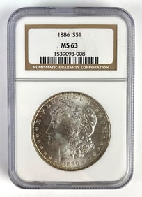 NGC Graded 1886 US $1 Morgan Silver Dollar MS63