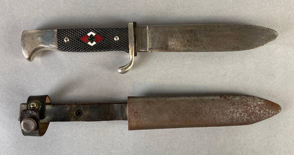 WW2 German HJ Hiltler Youth Knife with Sheath: Knife measures 9 1/2 inches overall, Blade measures 5 1/4 inches