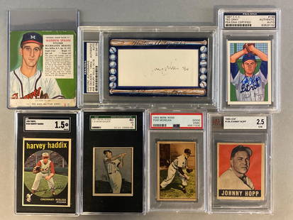 4 - 1940s - 50s Graded Baseball Cards + 1954 Red Man Warren Spahn and 2 - PSA Autographs: 1959 Topps Harvey Haddix #184 SGC 1.5, 1951 Berk Ross Hank Bauer #1-4 SGC 3, 1952 Berk Ross Tom Morgan PSA 2 (MK), 1949 Leaf Johnny Hopp #139 BVG 2.5, 1987 C.C.C. Ted Gray #199 PSA authentic, 2012 His