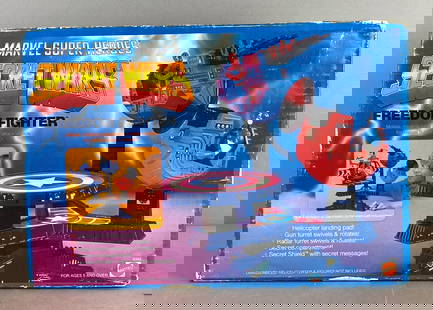 1984 Mattel Marvel Super Heroes Secret Wars Freedom Fighter Station: In original sealed box, shelf wear shown, measures 10 1/2 x 15 x 4 inches