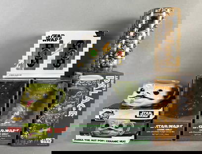 Group of Star Wars Drink Ware: Includes Funko Pop! Jabba the Hut mug, Darth Vader hot cocoa mug, jabbas place scenic mug and more, some moisture damage on funko! Pop mug, largest measures 8 x 3 x 3 inches