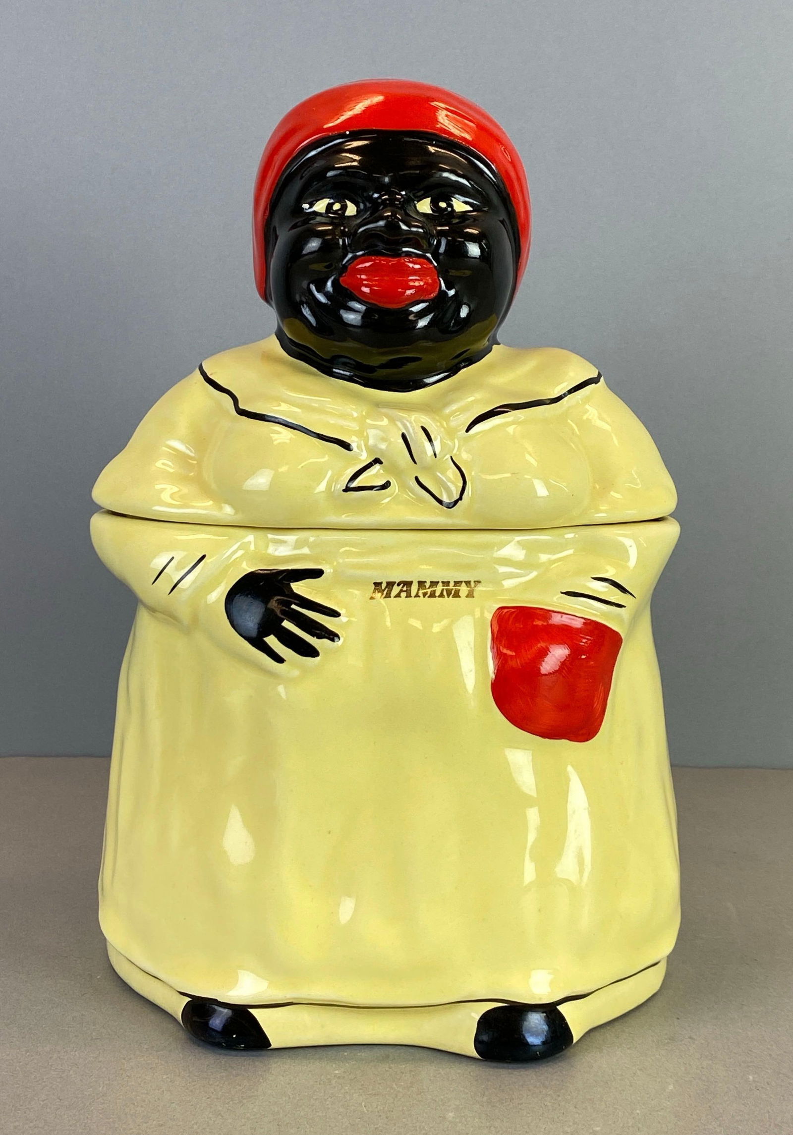 1940 Pearl China Mammy Porcelain Cookie Jar: Marked on base, Crazing shown, measures 10 1/2 x 7 x 6 inches