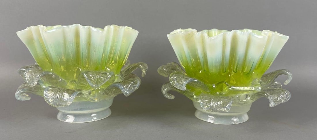 Antique Pair of Opalescent Vaseline Glass Lamp Shades: Flea bites on fitters, each measure 3 3/4 x 5 1/4 inches, 2 1/4 inch fitters