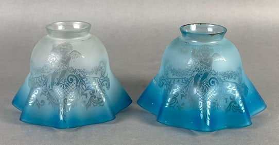 Group of 2 Antique Blue Frosted Angel Etched Glass Lamp Shades