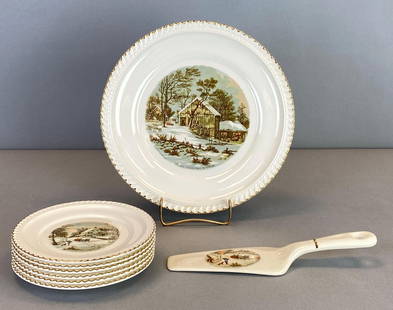 Set of Currier and Ives Harkerware Porcelain Dinnerware: Features 22k gold trim, Includes 6 dessert plates, 1 dinner plate and 1 pie server, dinner plate measures 10 inches in diameter