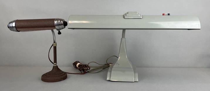 Group of 2 Vintage Art Deco Style Desk Lamps: Includes gray Art specialty co. adjustable gooseneck, radionic trans. Co. atomic era bankers lamp. Both working condition. Largest measures 13 x 18 1/2 x 12 1/2 inches