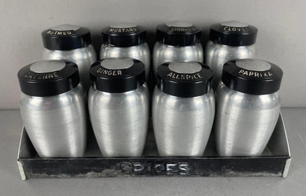 Set of Vintage Aluminum Spice Jars with Rack