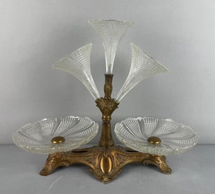 Antique Brass and Glass Cornet Centerpiece