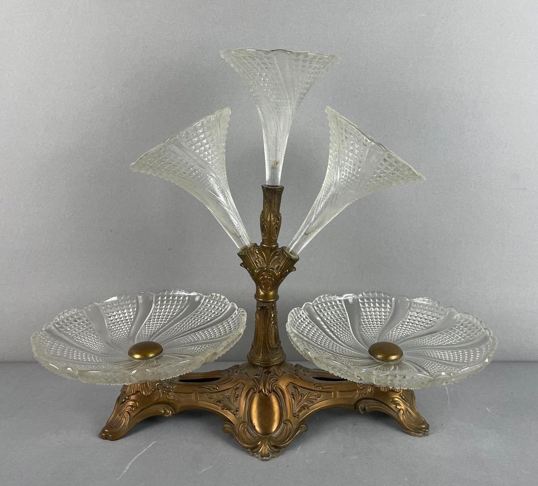 Antique Brass and Glass Cornet Centerpiece: Measures 13 1/4 x 16 1/2 x 7 1/2 inches