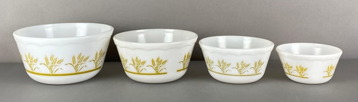 Set of 4 White Glass Wheat Motif Nesting Mixing Bowls