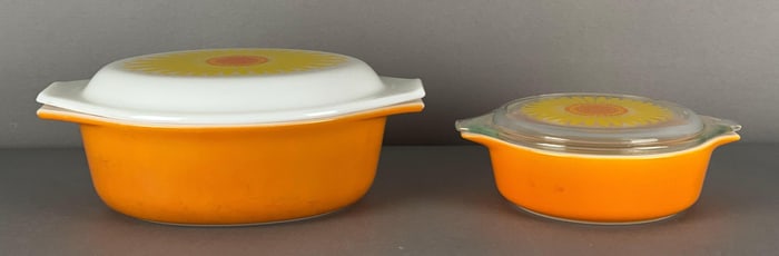 Group of 2 Pyrex Orange Sunflower Glass Casserole Dishes