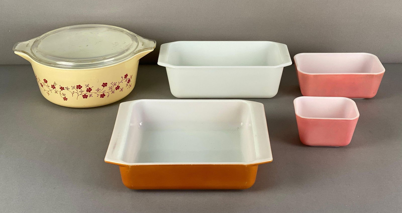 Group of 5 Pyrex Glass Ovenware Dishes: All marked on base, largest measures 11 x 9 x 4 1/2 inches