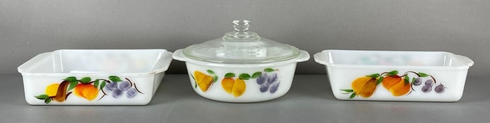 Set of 3 Fire-King Hand Painted Glass Casserole Dishes