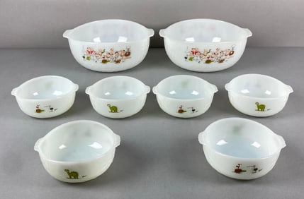 Set of 8 Fire-King BC Comic Strip Glass Mixing Bowls