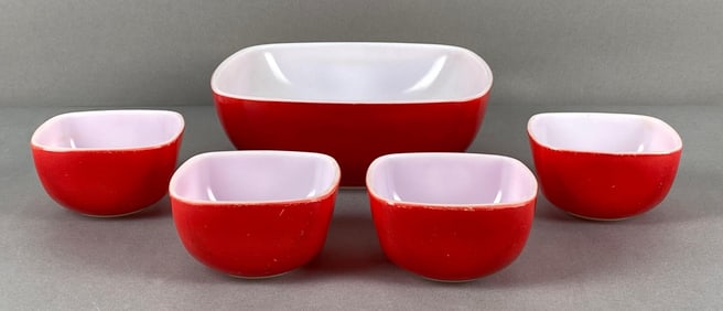 Set of 5 Pyrex Red Square Hostess Glass Casserole Dishes