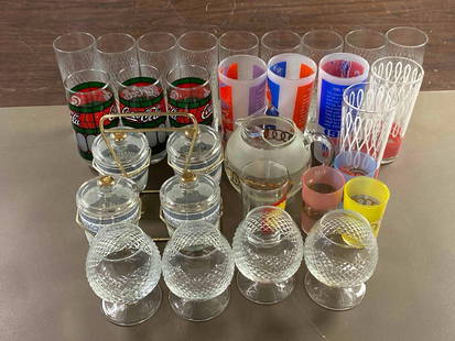 Group of Assorted Glasses: Includes Coca-Cola stained glass, wine glasses, MCM and more, largest measures 7 x 3 inches