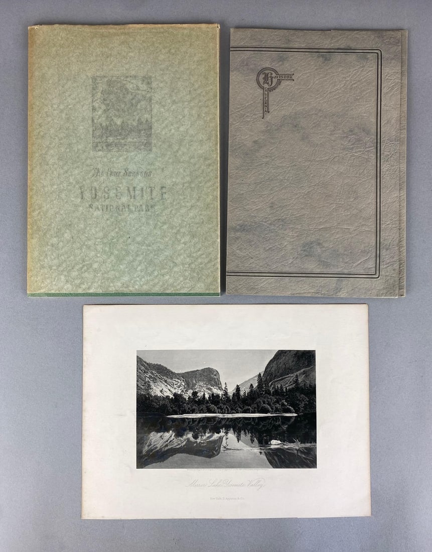 Group of Yosemite National Park Ephemera: Includes Lithograph and 1915 photograph of mirror lake and Picture/info book on Yosemite, largest measures 9 1/4 x 12 1/2 inches