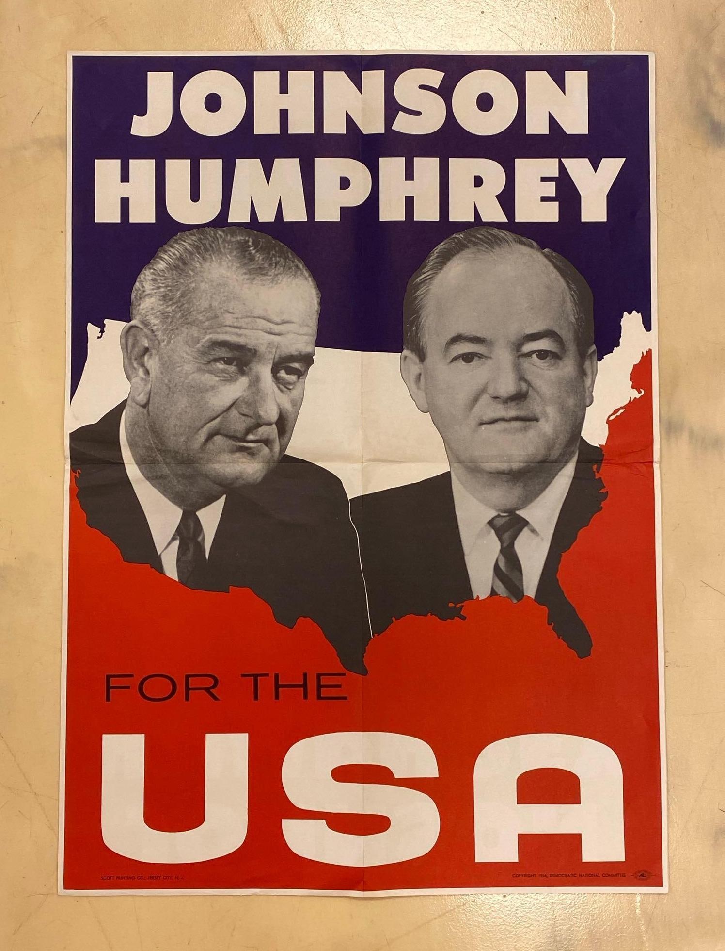 1964 Johnson Humphrey for USA Poster: Does have creases and discoloration. Measures 28 1/2 x 20 1/4 inches.
