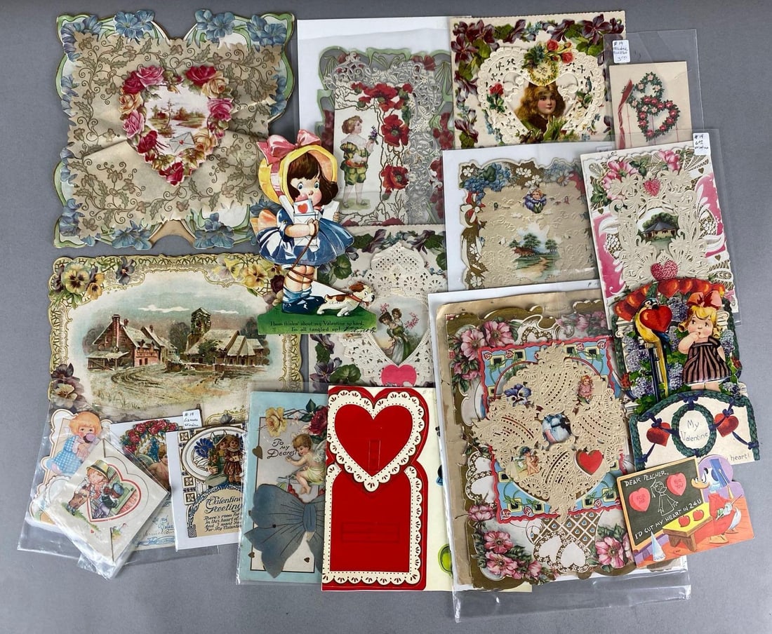 Group of Antique Die-Cut Valentines: Includes Children, floral, cherub and more, largest measures 9 x 9 inches